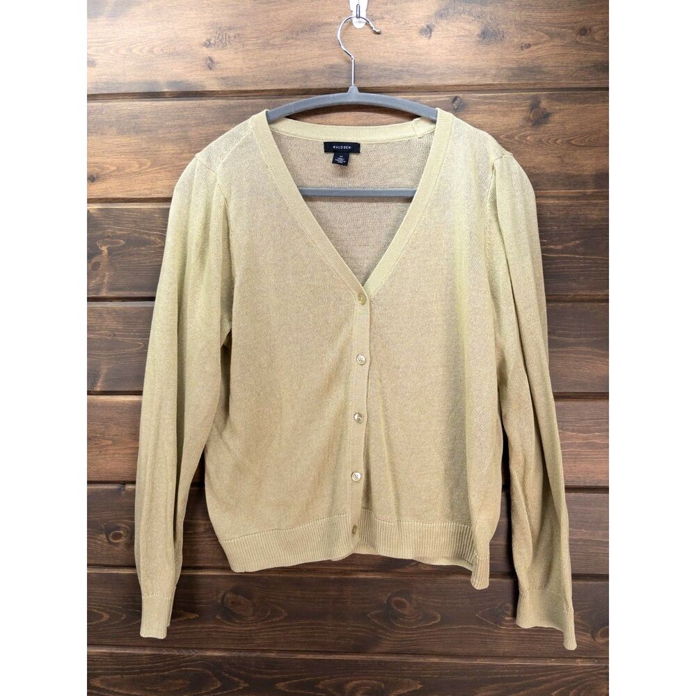 Halogen V Neck Button Front Cardigan Light Green Linen Blend Medium